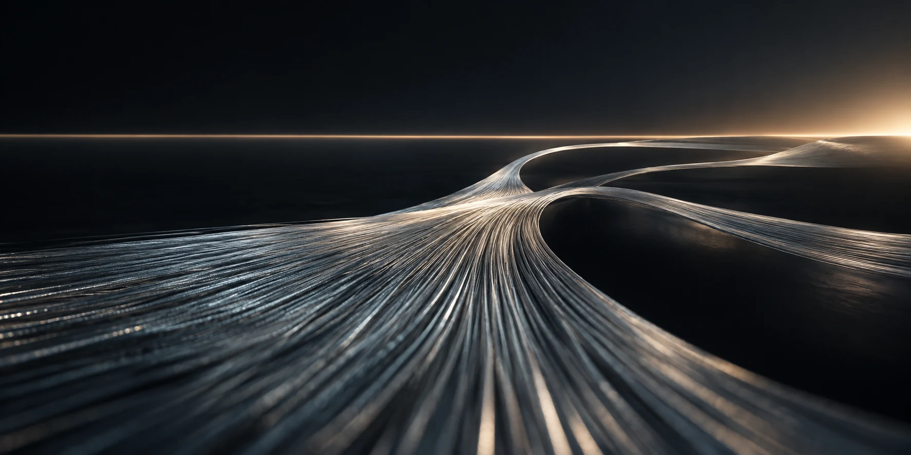 Fine platinum threads branching into different paths across a dark horizon